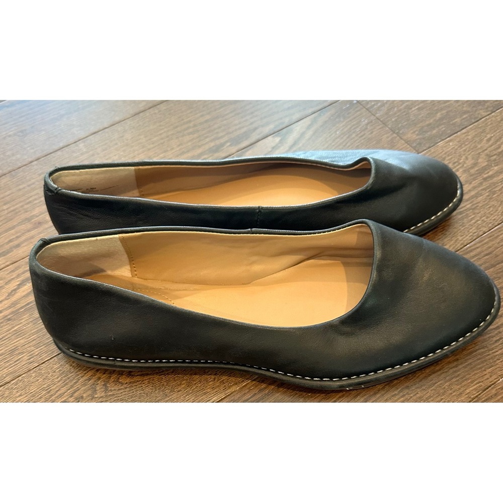 Crown Vintage Womens Black Leather Ballet Flats Round Toe Stitch Detail 8.5M